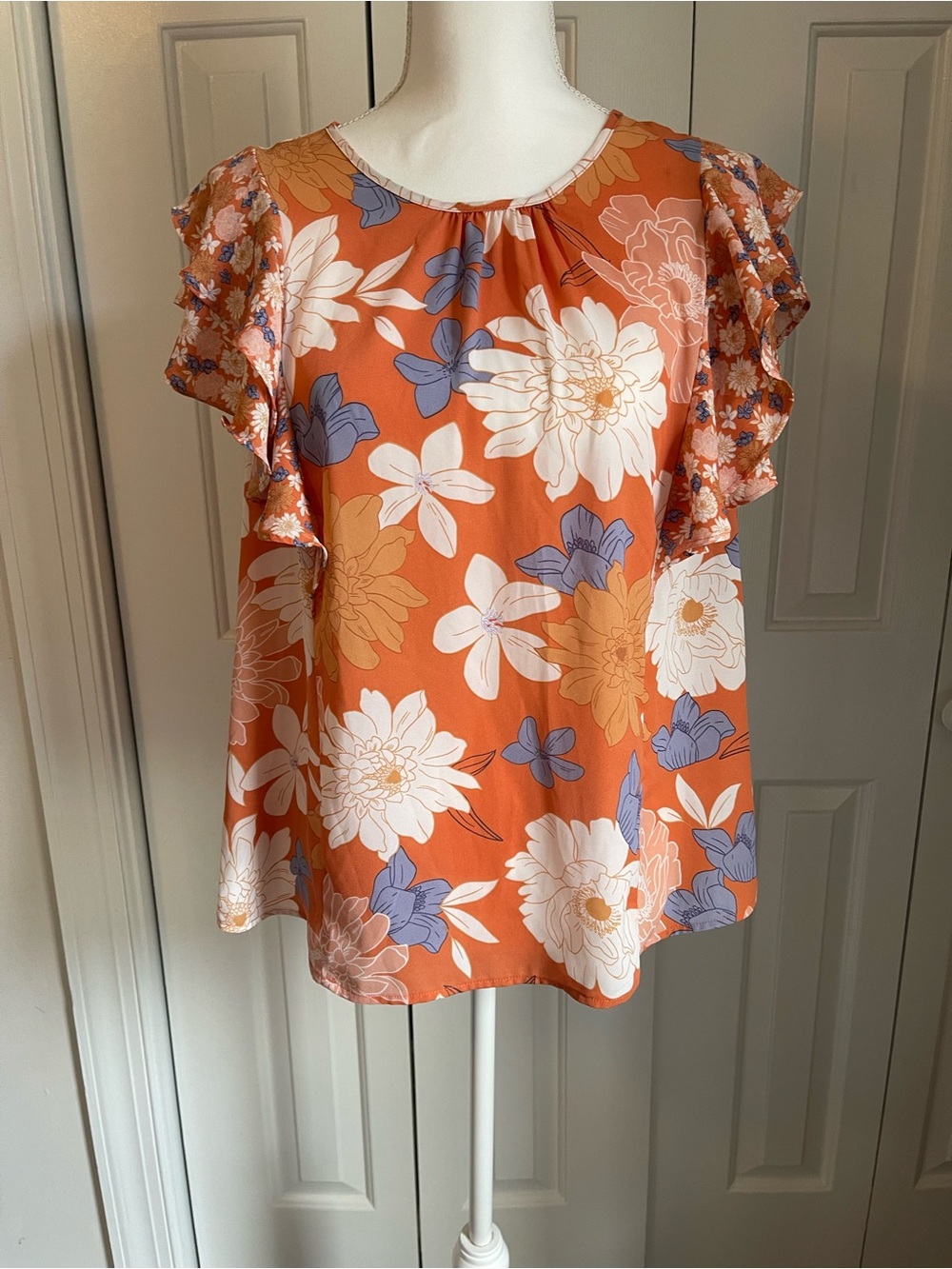 Floral Ruffle Sleeve Orange Blouse